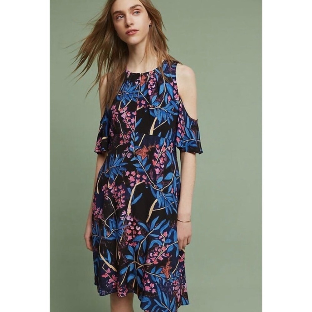 ANTHROPOLOGIE MAEVE Elia Floral Cold Shoulder Dress Black Blue Pink | 6